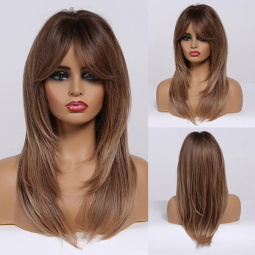 ALAN EATON Long Blonde Wigs for Women Synthetic Hair Wig with Fringe Ombre Color with Dark Roots Layered Wigs Heat Resistant