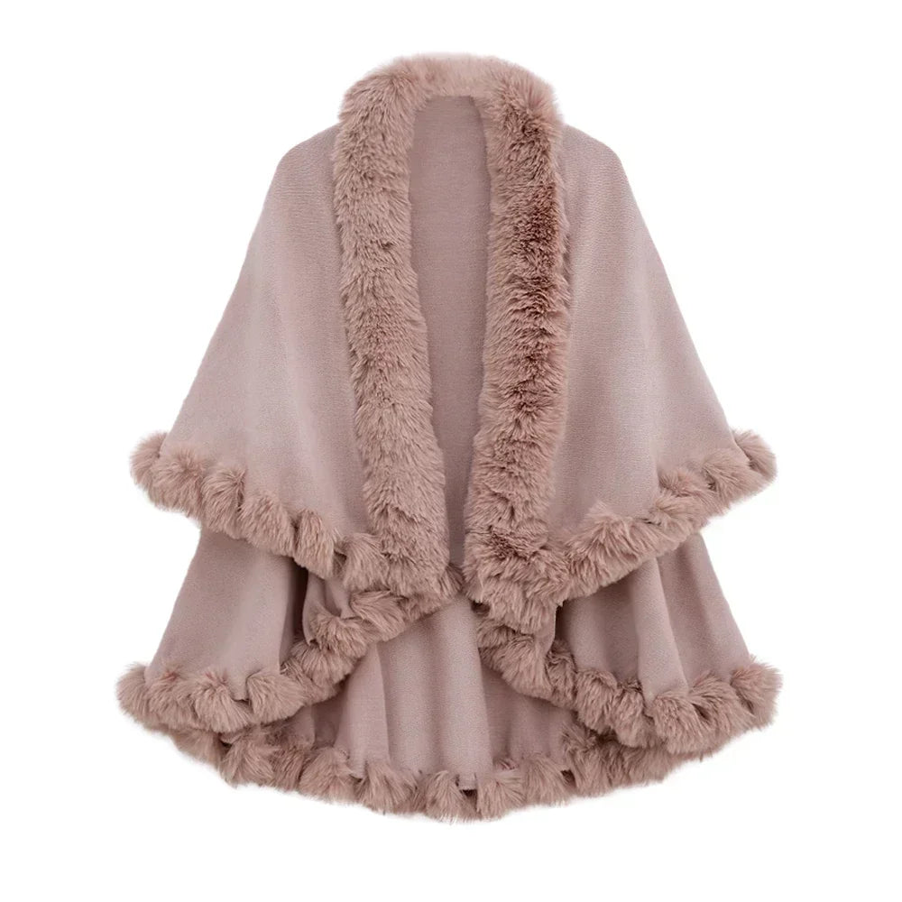 Double Layer Faux Fur Trim Womens Knitted Poncho Shawl Warm Cape Multiple Colors Ideal for Fall and Winter Daily and Formal Wear