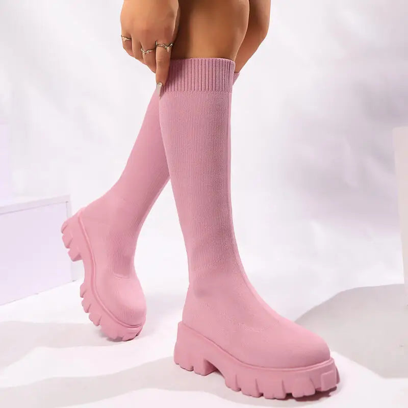 Designer Chunky Platform Knit Sock Boots - Thick Bottom Knee High Boots for Women