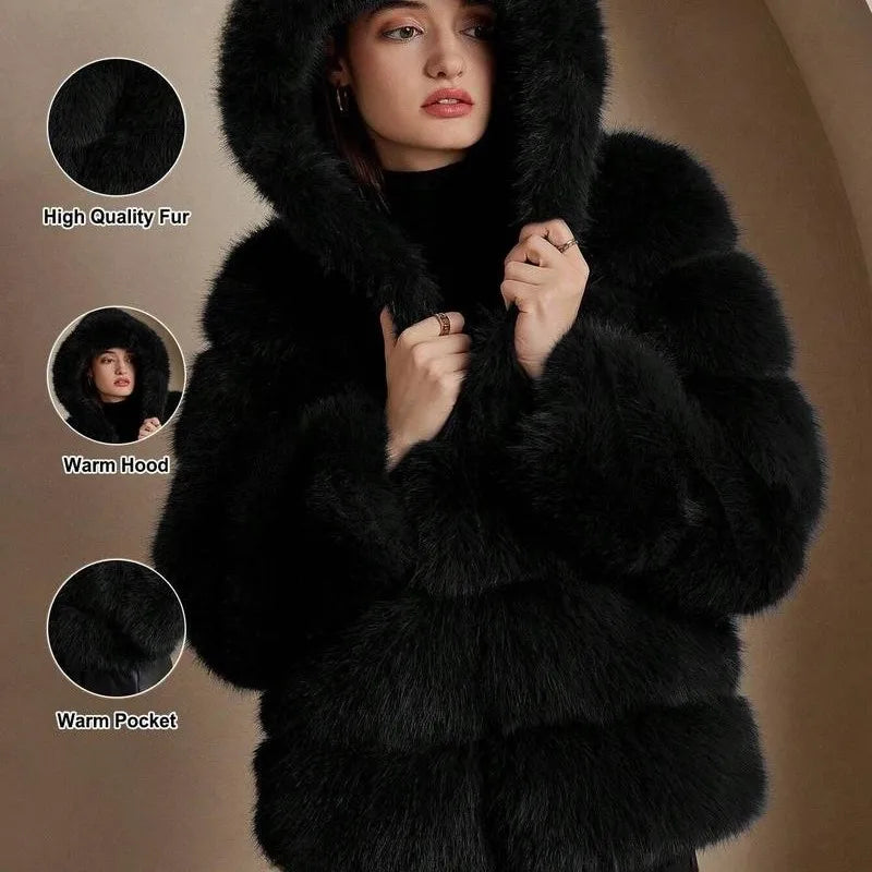 Luxe Women's Short Hooded Faux Fox Fur Coat Fashion Streetwear with Faux Fur Trim Thickened Winter Faux Fur Outwear