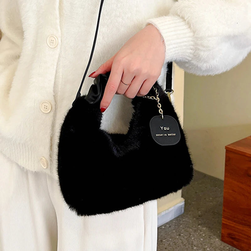 Women Faux Fur Plush Handbags Ruched Handle Small Lady Shoulder Crossbody Bag Casual Half-Moon Hobos Winter Bags for Women