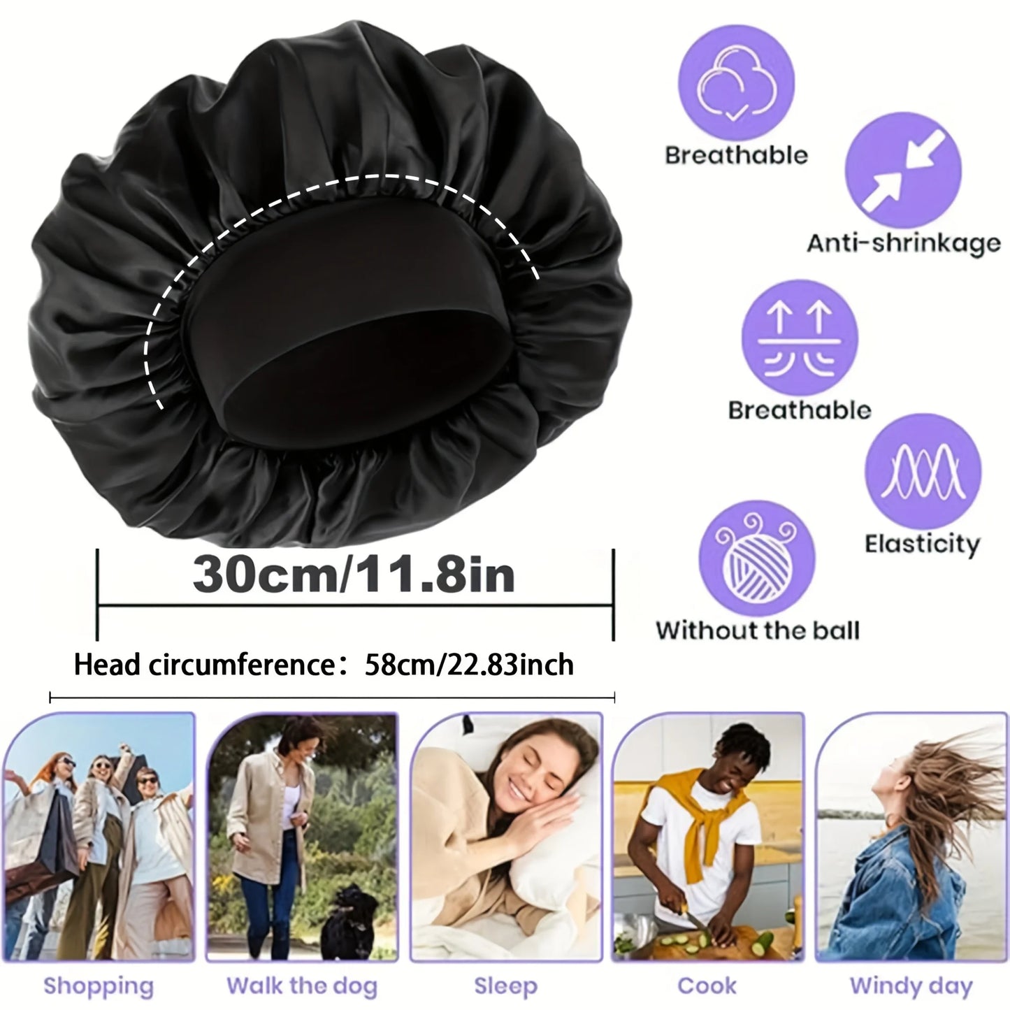 Women Satin Bonnet Wide Band Elastic Sleep Cap Hair Care Head Wrap Beauty Spa Bathing Hat Night Sleeping Cap for Curly Long Hair