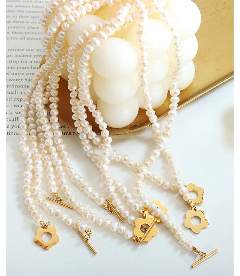 Natural Freshwater Pearl Bead Necklace Bracelet For Women Stainless Steel Gold Plated OT Buckle Women's Necklaces Bracelets Sets