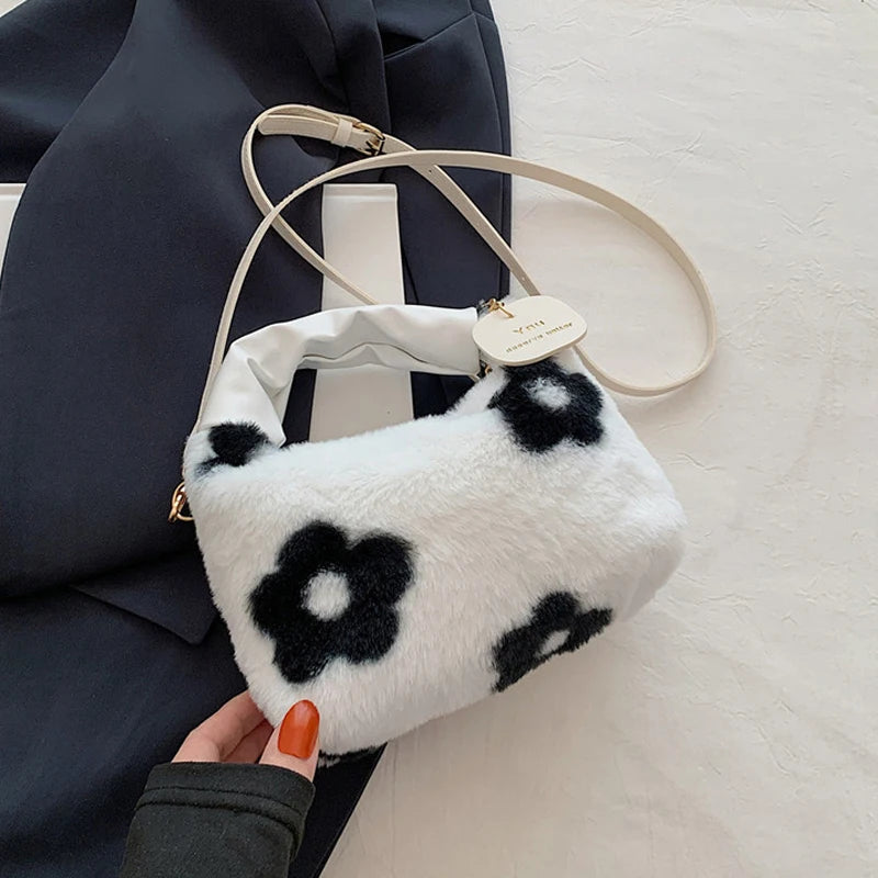 Women Faux Fur Plush Handbags Ruched Handle Small Lady Shoulder Crossbody Bag Casual Half-Moon Hobos Winter Bags for Women
