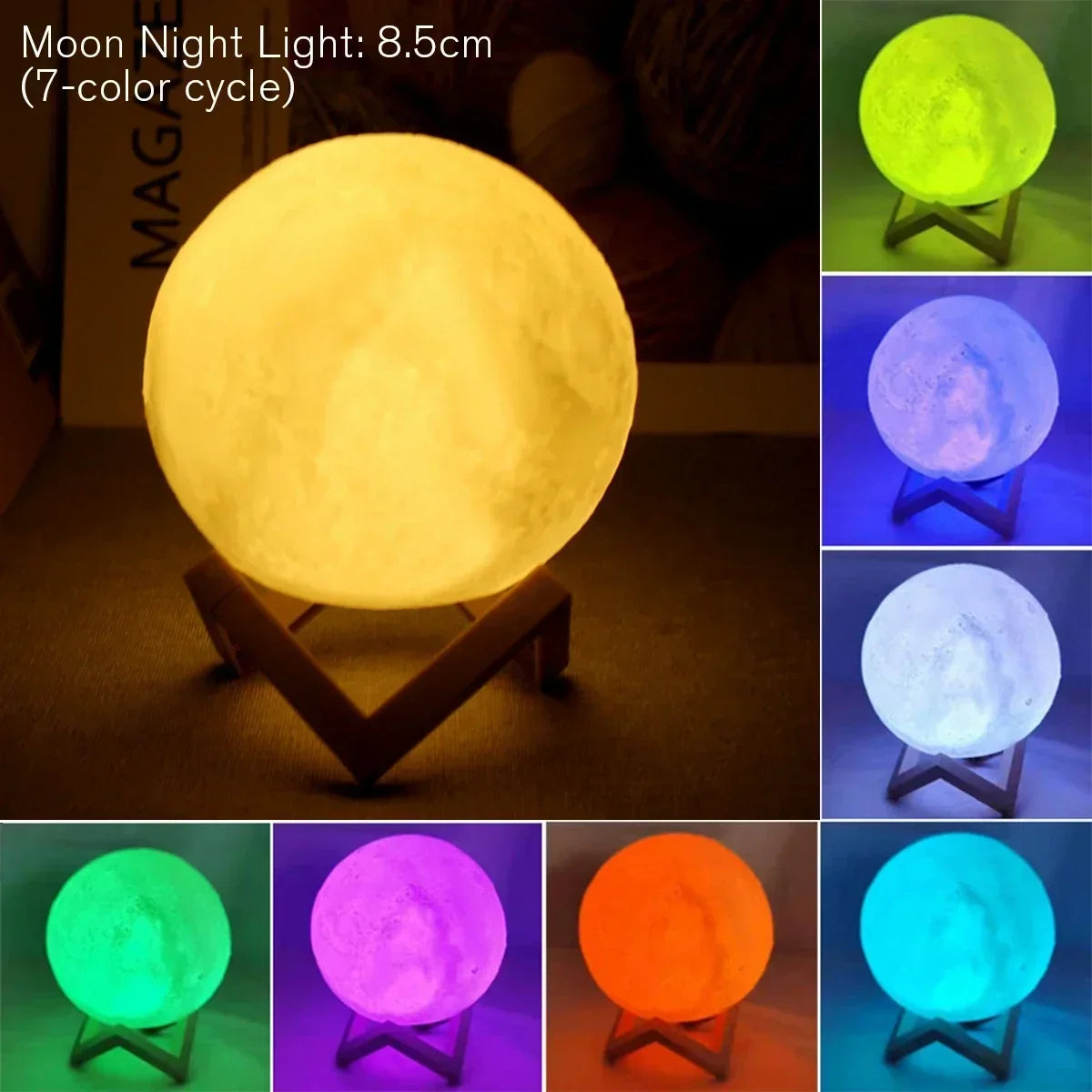 LED Moon Night Light 8cm - Battery Powered Starry Lamp with Stand for Bedroom Decor