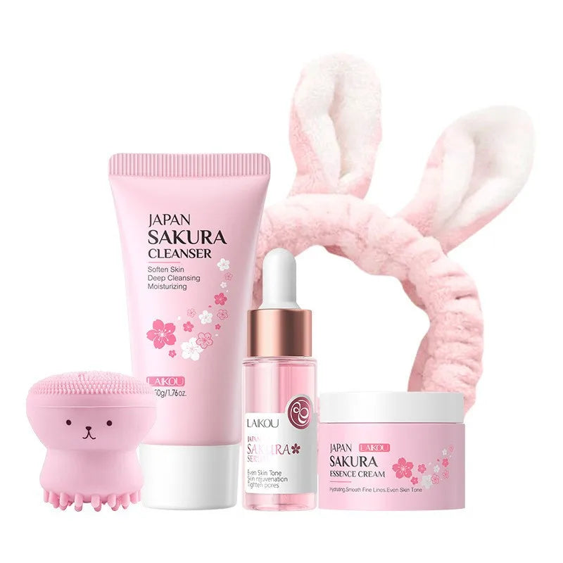 Korean Sakura Skincare Set Hydration Moisturize Cleanse Pores Sunscreen Protection Cosmetic Beauty