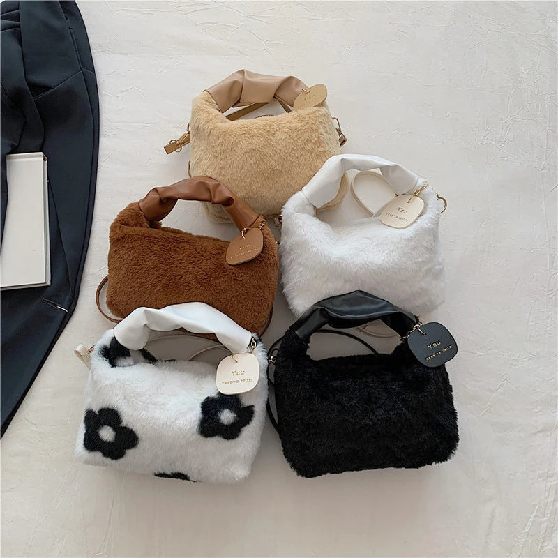 Women Faux Fur Plush Handbags Ruched Handle Small Lady Shoulder Crossbody Bag Casual Half-Moon Hobos Winter Bags for Women
