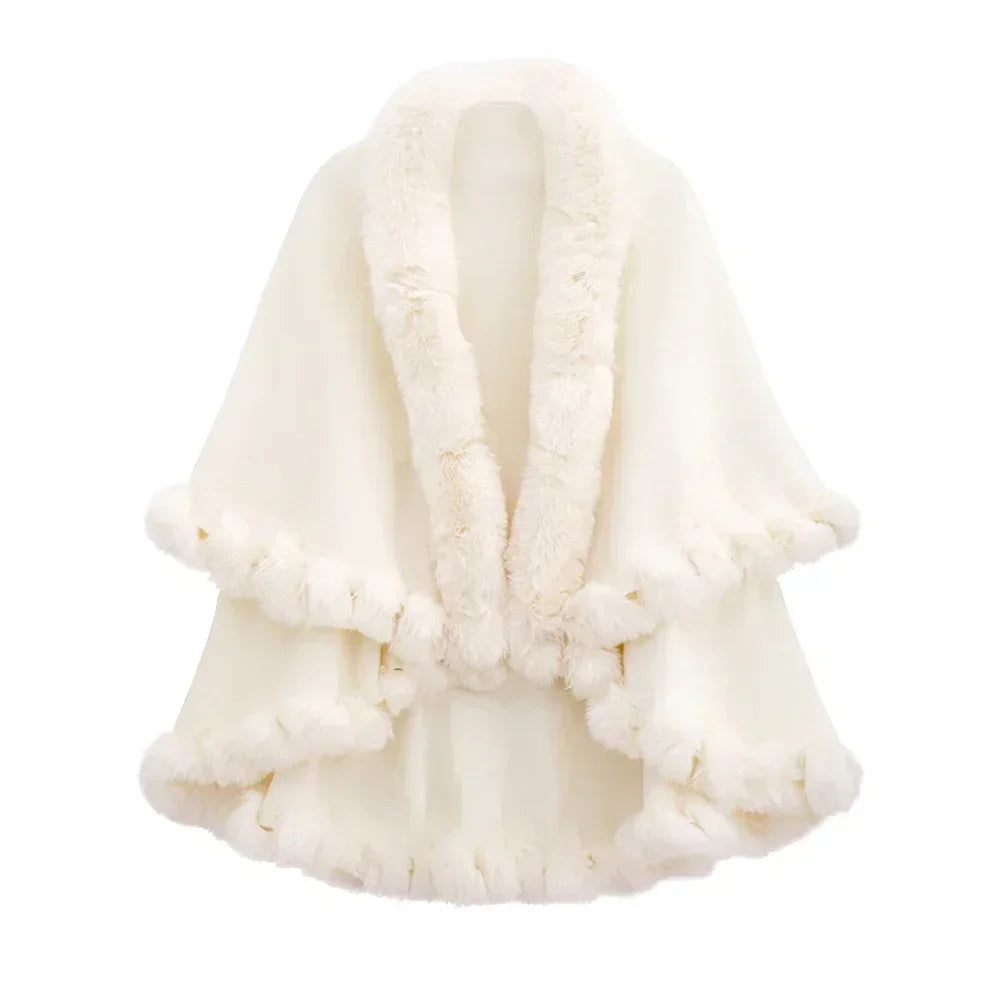 Double Layer Faux Fur Trim Womens Knitted Poncho Shawl Warm Cape Multiple Colors Ideal for Fall and Winter Daily and Formal Wear