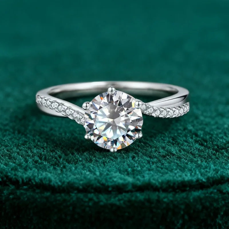 Twisted Ring Moissanite 1ct Centerpiece in Sterling Silver for Everyday Wear with Side Zircon Accents