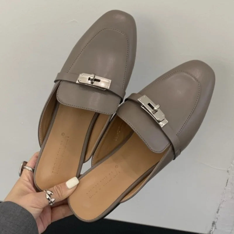 2025 Summer Autumn New Women's Leather Comfortable Slip On Slippers Daily Metal Decoration Casual Outside Mules Female Sandals