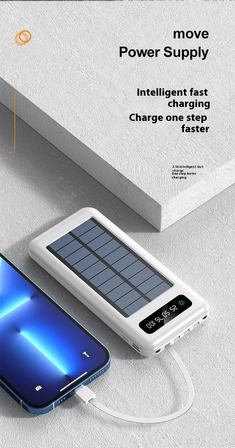 Solar Power Bank 20000mAh - Portable Fast Charging Outdoor Power Bank with Removable Cable