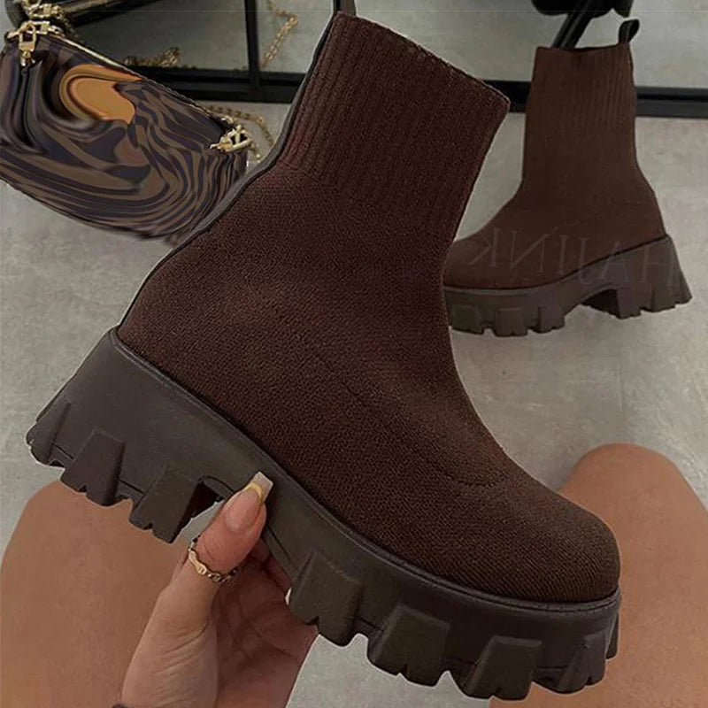 CloudStep Luxe Platform Sock Shoes Boots – Chunky Knit Stretch Boots with Heels | Trendy Women’s Fashion Streetwear Shoes