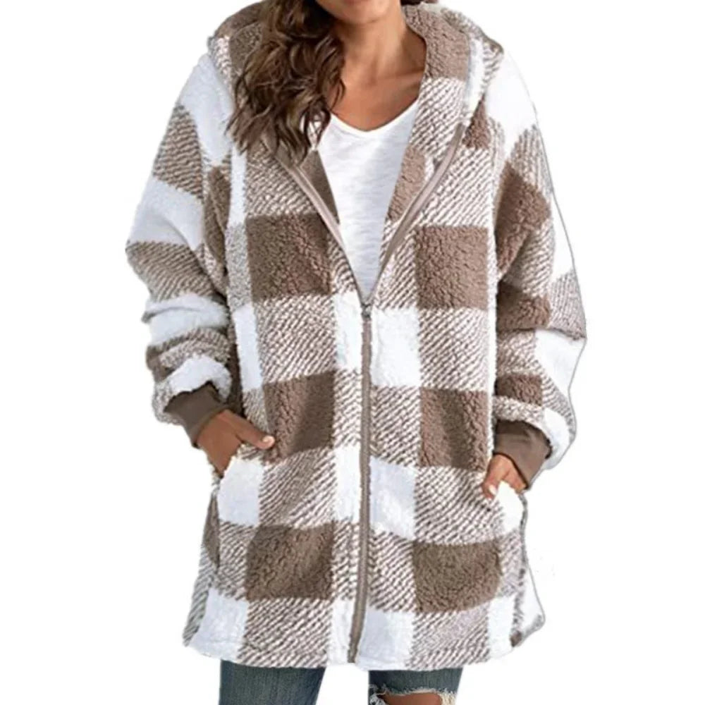 Plush women's coat 2026 long sleeve plaid hooded zipper loose coat with pocket coat women