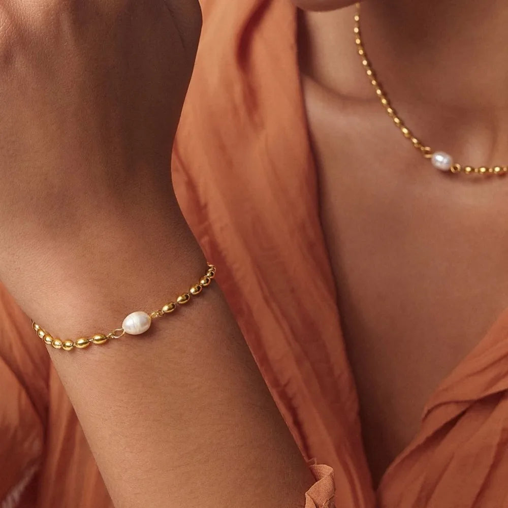 Statement Natural Pearl Charm Beaded Stainless Steel Necklace for Women Gold Color Collarbone Chain Minimalist Jewelry Set