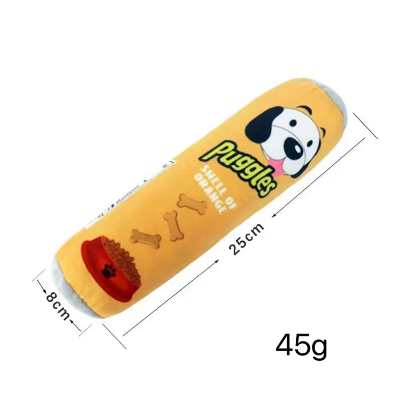 Yellow plush beer bottle dog toy with puppy print and bone graphics for interactive teeth cleaning play.