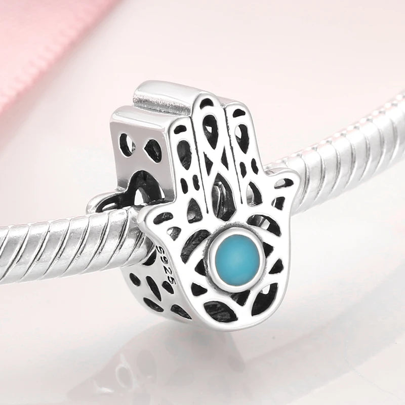 925 Silver Blue Enamel Fatima Hand Charm - DIY Jewelry Beads for Charm Bracelets