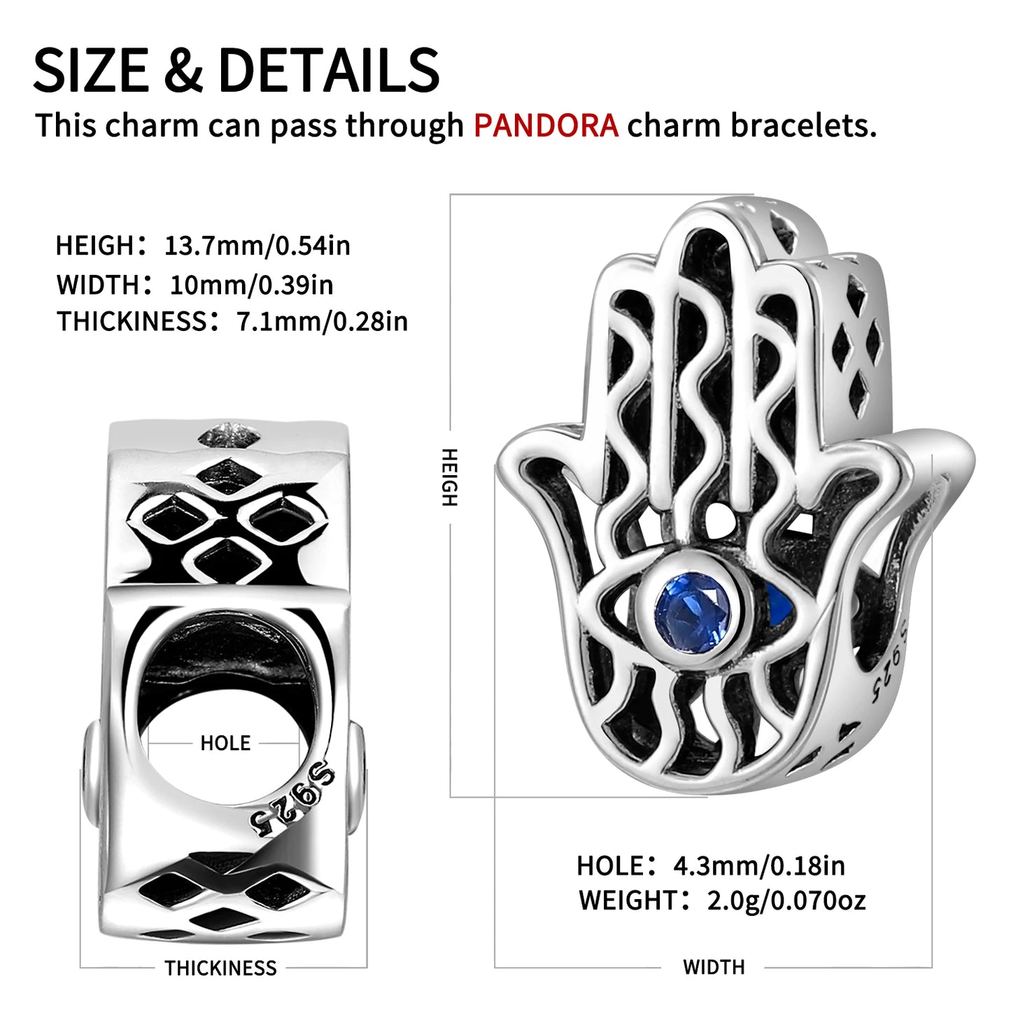 925 Silver Blue Enamel Fatima Hand Charm - DIY Jewelry Beads for Charm Bracelets