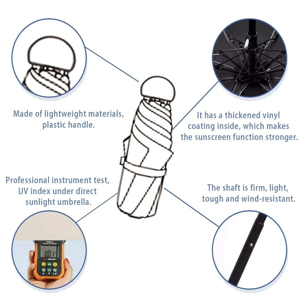 Anti-Uv Mini Umbrella For Sunny And Rainy Days, Portable With Uv Coating And 6 Reinforced Ribs