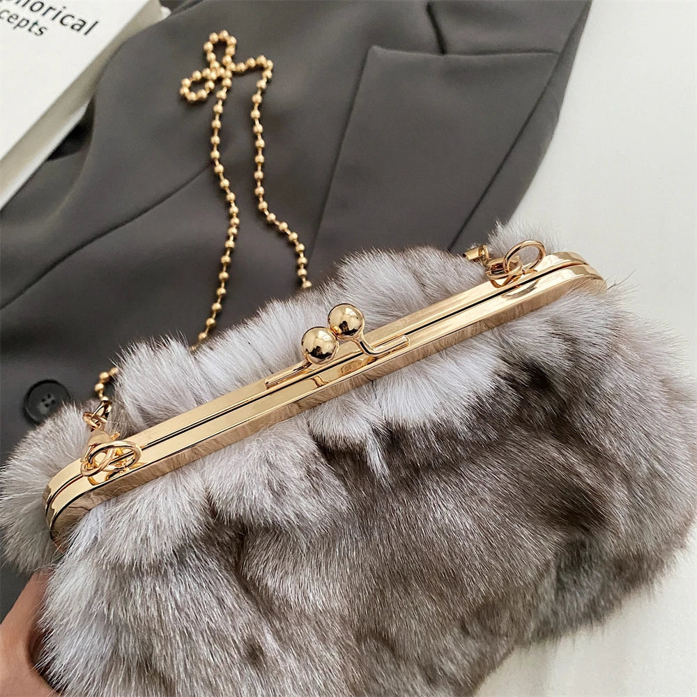 Luxury Soft Plush Evening Bags For Elegant Women Fox Fur Dinner Party Clutch Chain Crossbody Winter Warm Luxury Designer Handbags