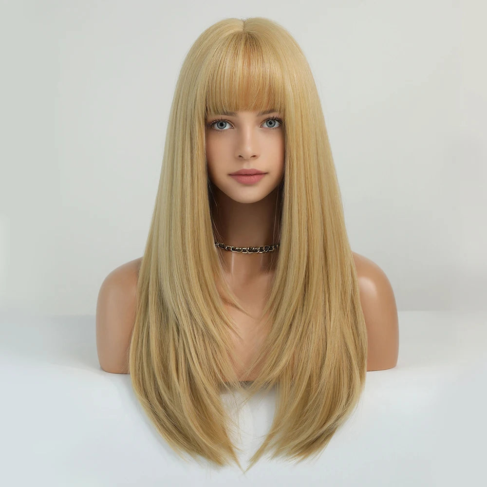 Blonde Long Straight Hair Wig Women Wig with Bangs Heat Resistant Synthetic Wig Halloween Cosplay Daily Natural Fake Hair