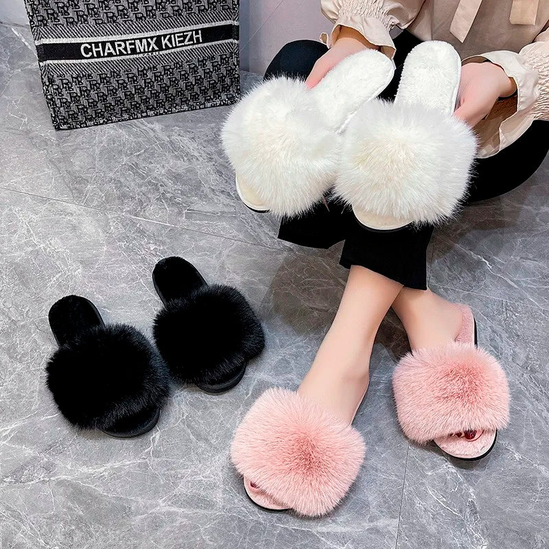 New Woman Slippers Winter Simple Word Fur Flats Soft Home Women Slippers Faux Fur Warm Bedroom Leisure Female Shoes