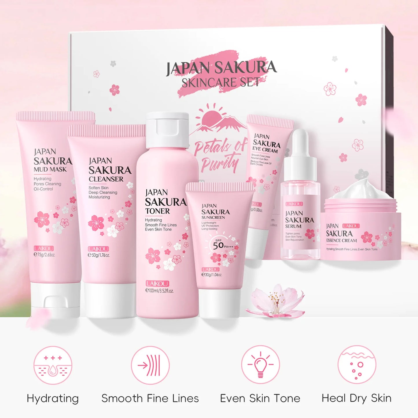 Korean Sakura Skincare Set Hydration Moisturize Cleanse Pores Sunscreen Protection Cosmetic Beauty