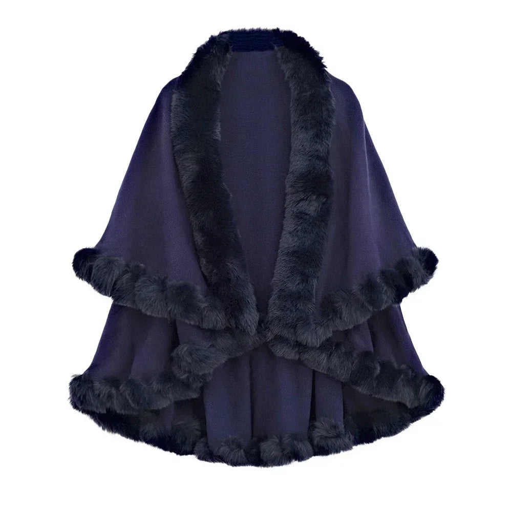 Double Layer Faux Fur Trim Womens Knitted Poncho Shawl Warm Cape Multiple Colors Ideal for Fall and Winter Daily and Formal Wear