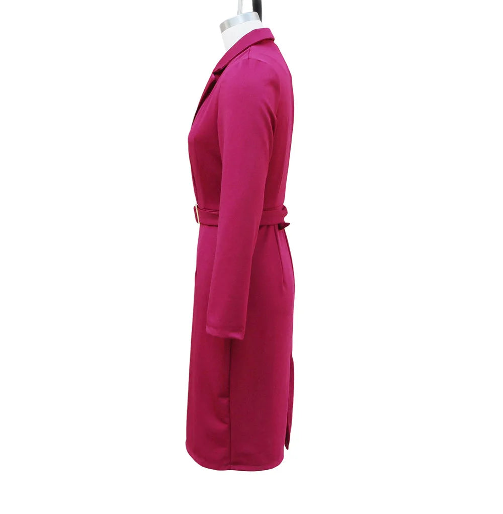 Elegant Deep V-Neck Suit Dress - Long Sleeve High Waist Office Dress with Sashes