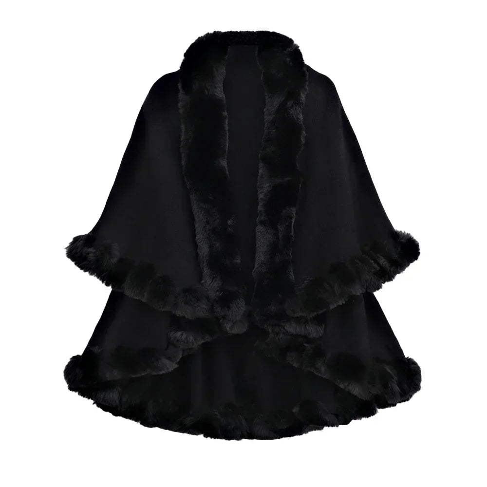 Double Layer Faux Fur Trim Womens Knitted Poncho Shawl Warm Cape Multiple Colors Ideal for Fall and Winter Daily and Formal Wear