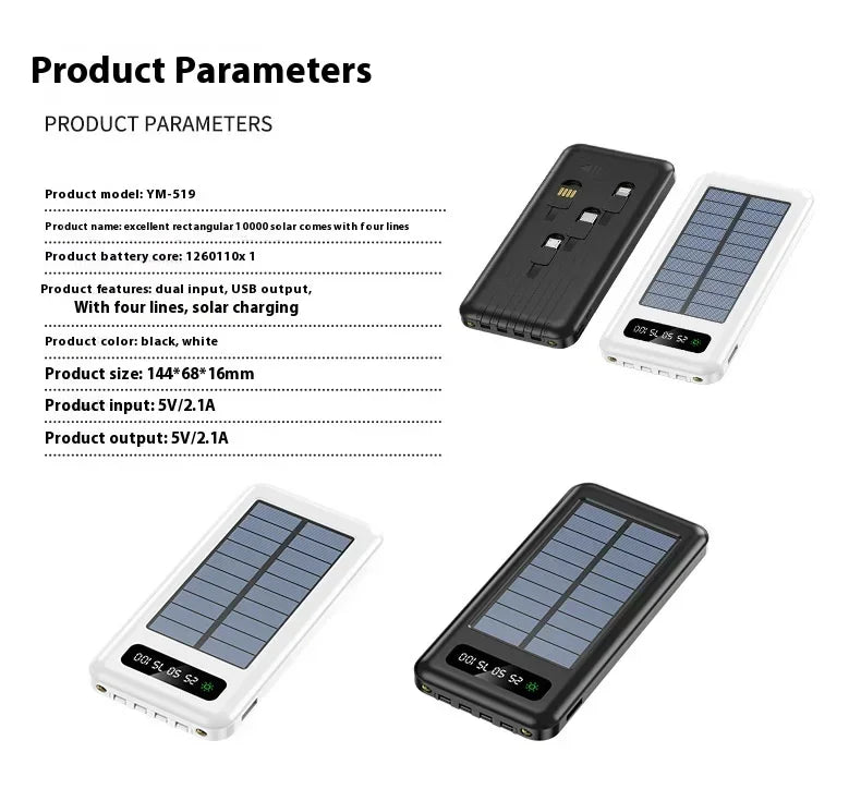 Solar Power Bank 20000mAh - Portable Fast Charging Outdoor Power Bank with Removable Cable
