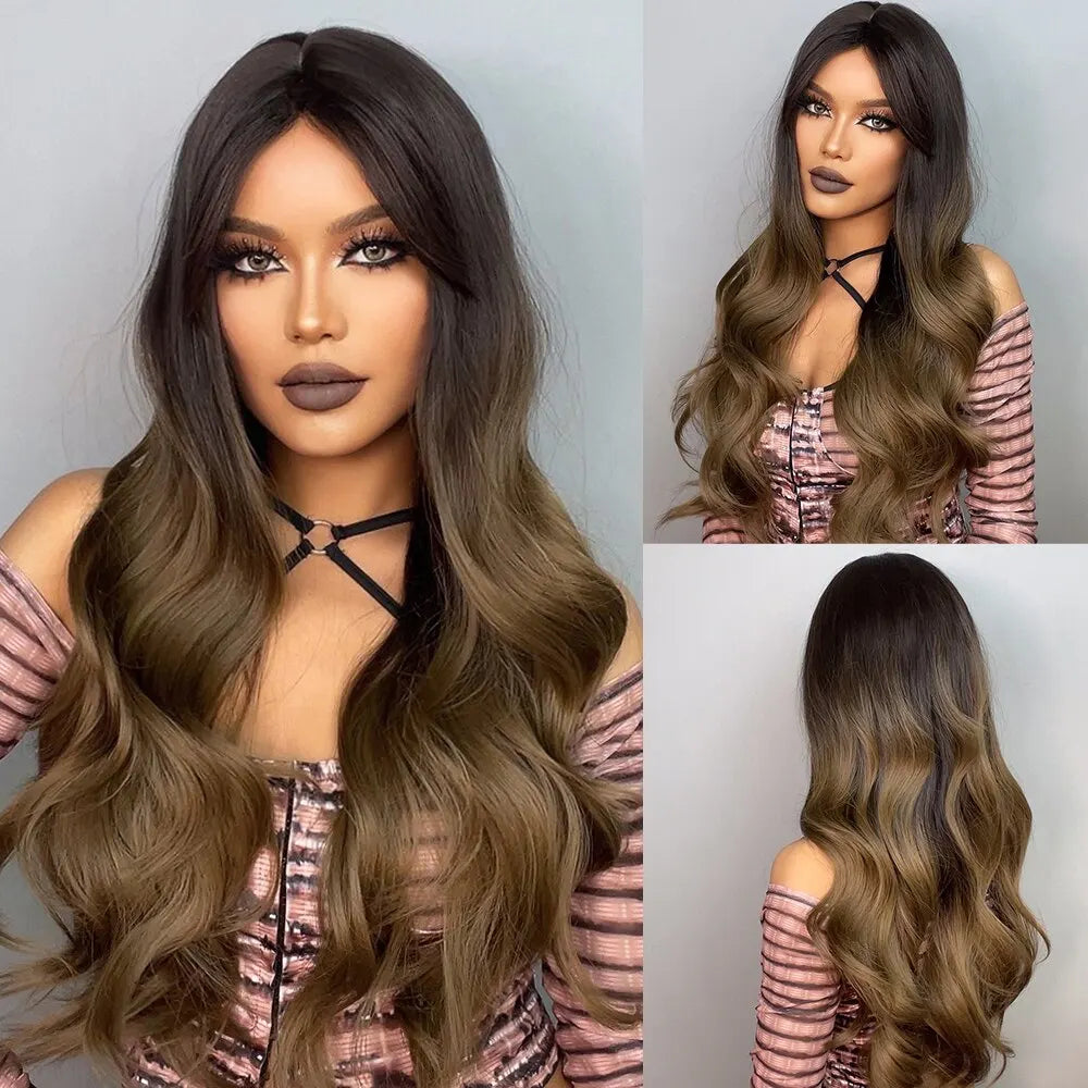 Brown Blonde Ombre Natural Hair Wigs for Women Long Wavy With Dark Roots Synthetic Wig for Women Heat Resistant Coaplay Wigs