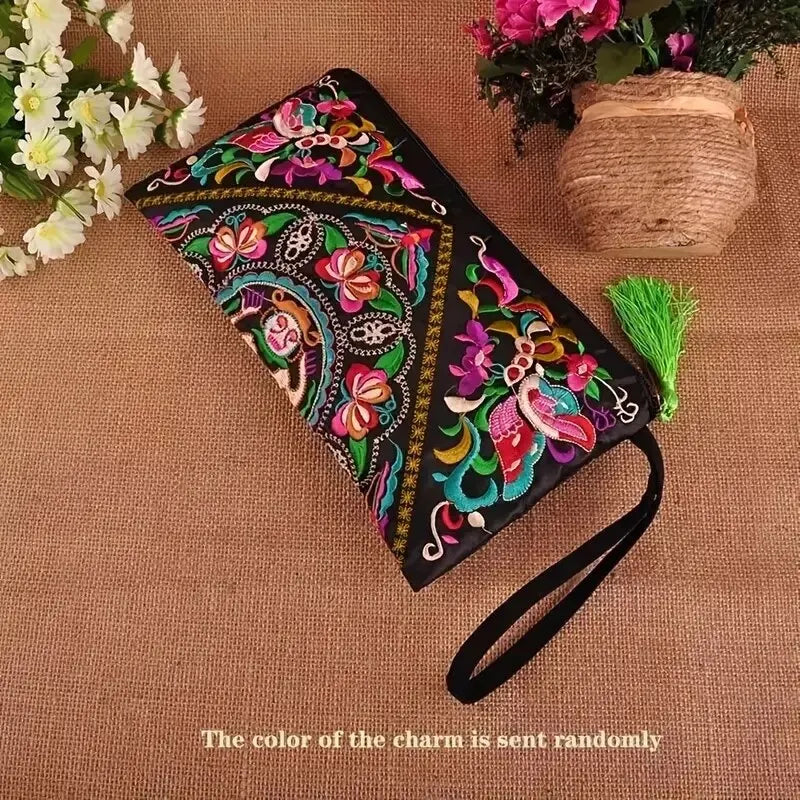 Retro Style Square Purse Ethnic Style Phone Clutches Floral Embroidered Bag Zipper Storage Bag Flower Fabric Clutch Bag