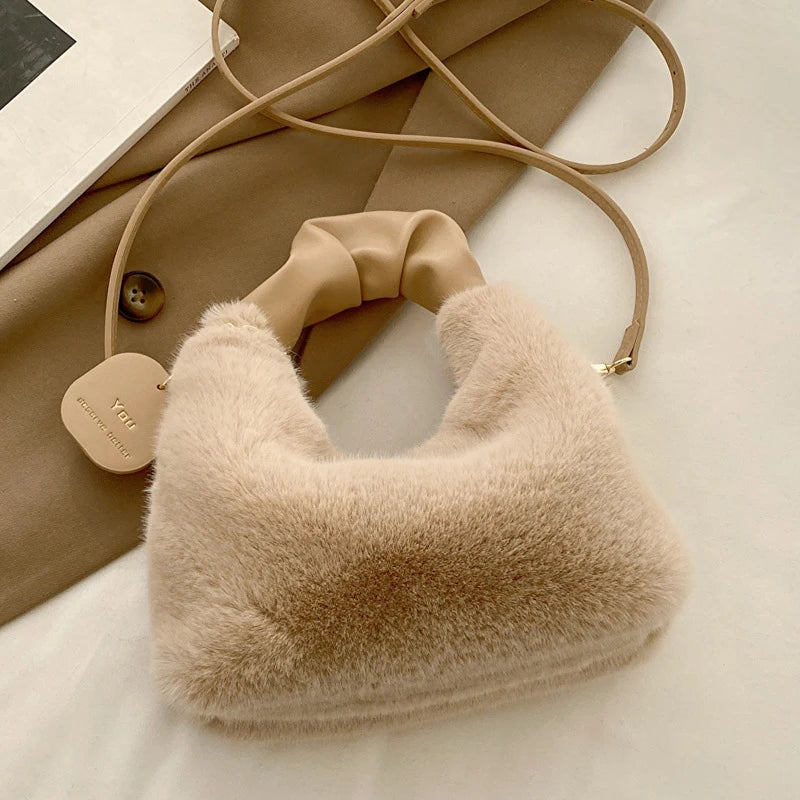 Women Faux Fur Plush Handbags Ruched Handle Small Lady Shoulder Crossbody Bag Casual Half-Moon Hobos Winter Bags for Women