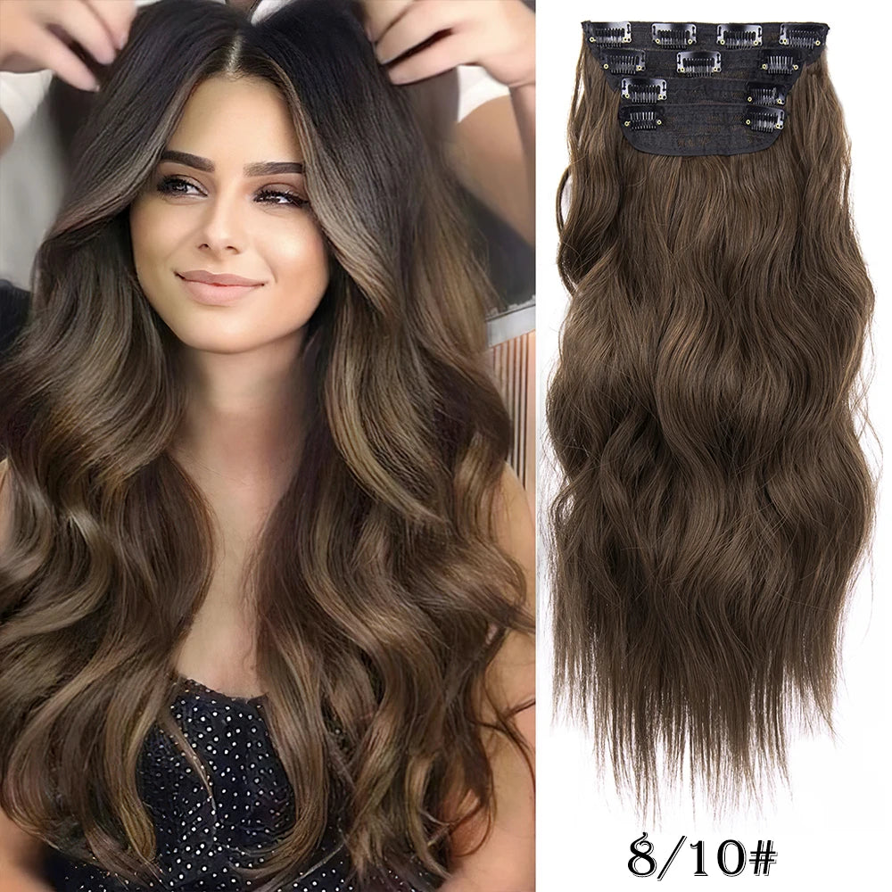 Long brown wavy clip in hair extensions with secure clips for adding natural volume and length to daily hairstyles.