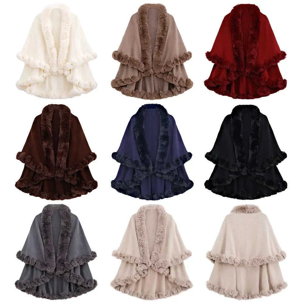 Double Layer Faux Fur Trim Womens Knitted Poncho Shawl Warm Cape Multiple Colors Ideal for Fall and Winter Daily and Formal Wear
