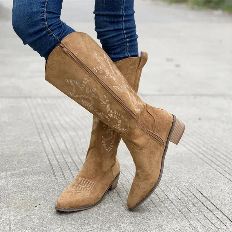 Embroidered Western Cowboy Boots for Women - Pointed Toe Knee High Boots with Thick Heel
