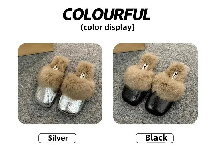 Women's Autumn/Winter Outdoor Wear New Style Flat Bottom Fur Slippers One Foot Drag No Heel Mule Fur Slippers Adult Simple
