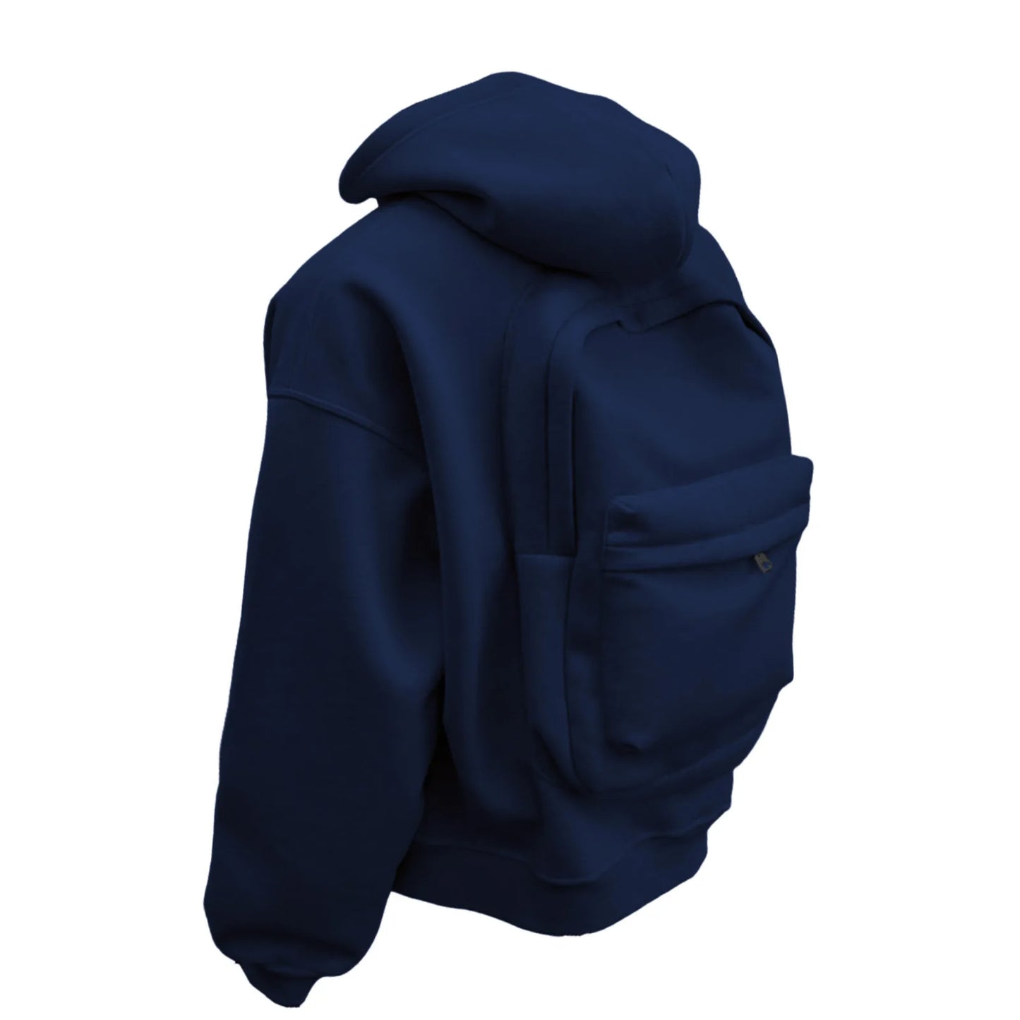Navy blue oversized hooded sweatshirt with a rear storage pocket for hands-free carrying.