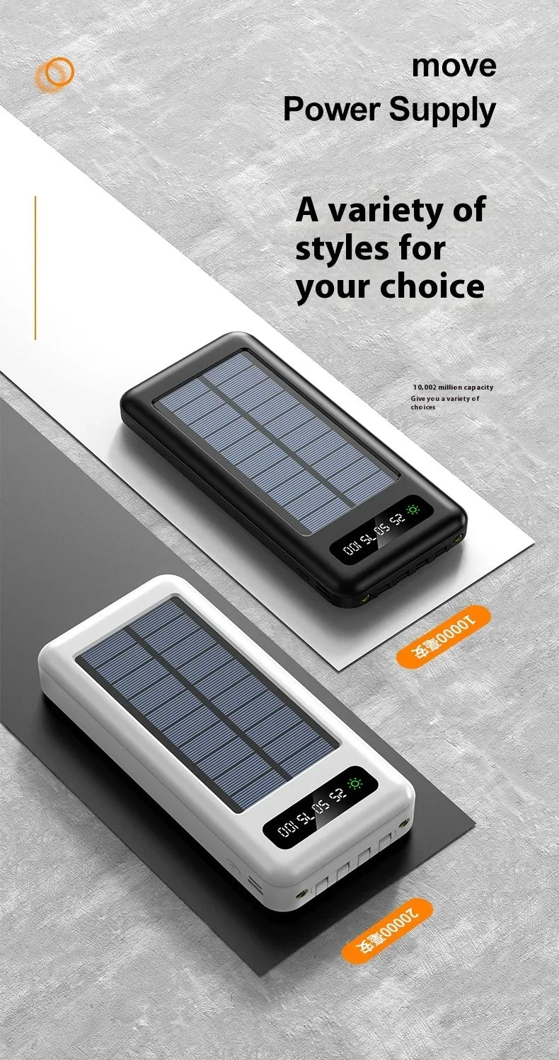 Solar Power Bank 20000mAh - Portable Fast Charging Outdoor Power Bank with Removable Cable