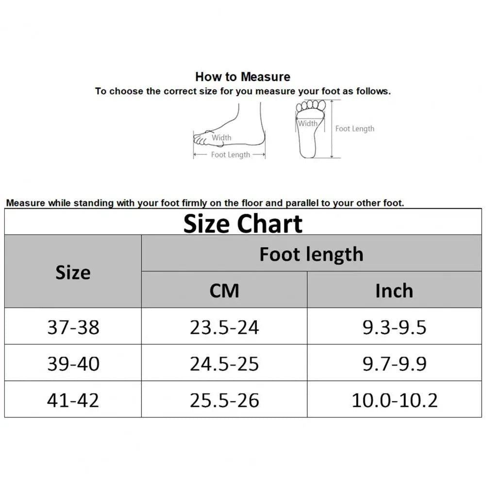 Slippers size chart with foot length measurements in centimeters and inches