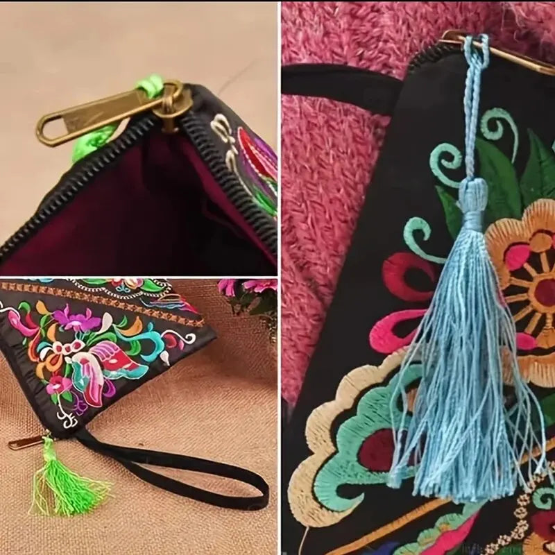 Retro Style Square Purse Ethnic Style Phone Clutches Floral Embroidered Bag Zipper Storage Bag Flower Fabric Clutch Bag