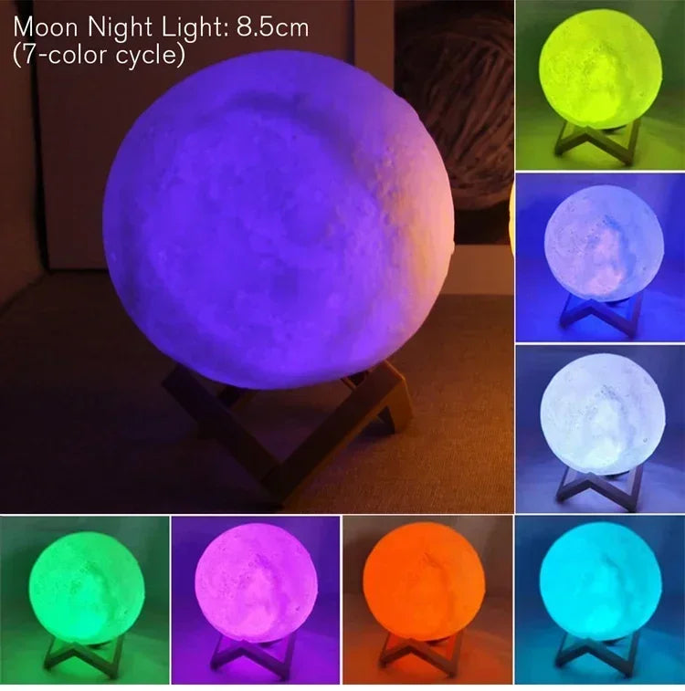 LED Moon Night Light 8cm - Battery Powered Starry Lamp with Stand for Bedroom Decor