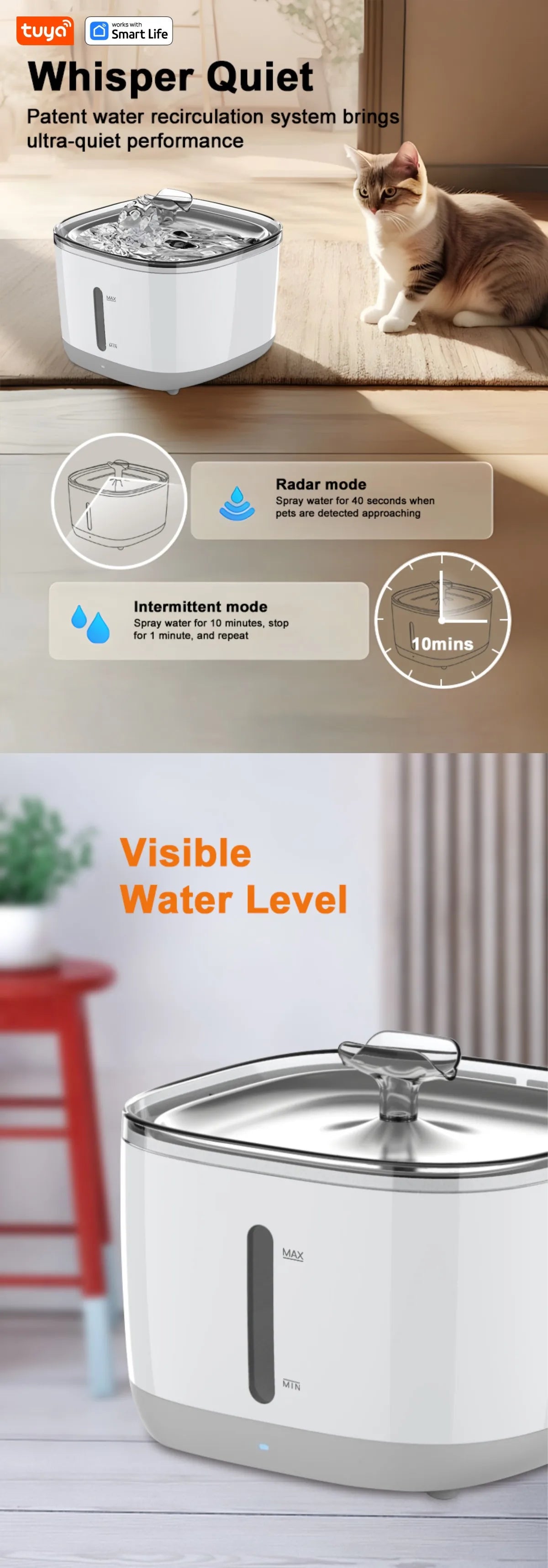 Smart Cat Water Fountain 2.5L - #1 Worldwide Tuya App Pet Water Dispenser with SUS304 Bowl