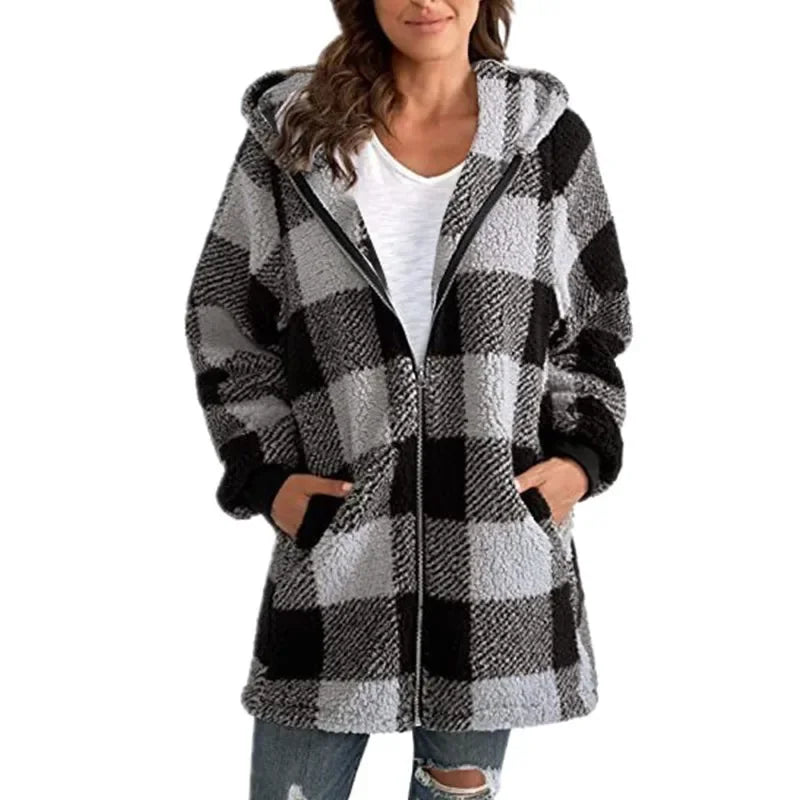 Plush women's coat 2026 long sleeve plaid hooded zipper loose coat with pocket coat women