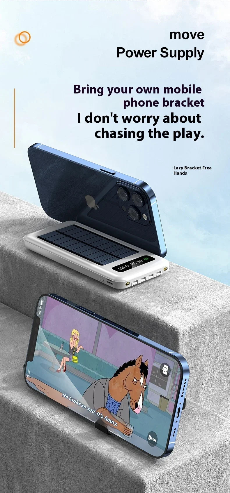 Solar Power Bank 20000mAh - Portable Fast Charging Outdoor Power Bank with Removable Cable