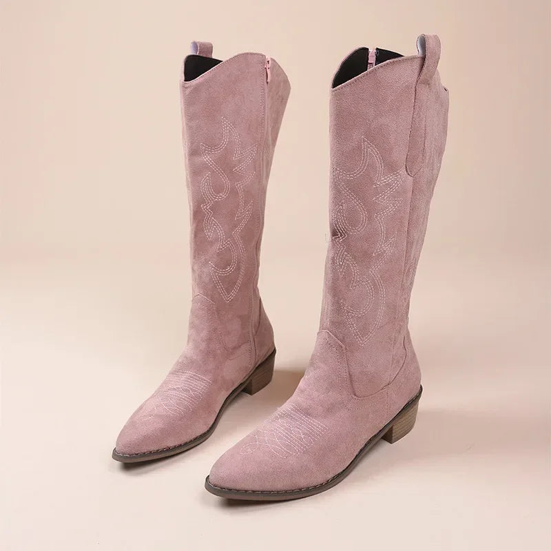 Embroidered Western Cowboy Boots for Women - Pointed Toe Knee High Boots with Thick Heel
