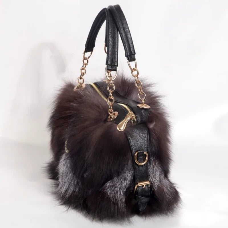 Real Fur Women Handbags Women Luxury Fox Fur Bag Fashion Female Furry Handbag Real Leather Evening Bag Natural Fur Shoulder Bag
