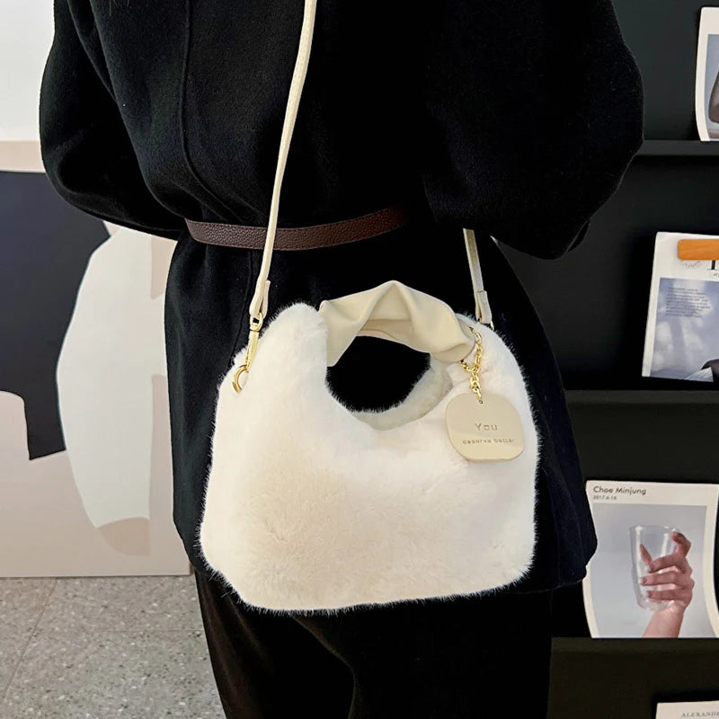 Women Faux Fur Plush Handbags Ruched Handle Small Lady Shoulder Crossbody Bag Casual Half-Moon Hobos Winter Bags for Women