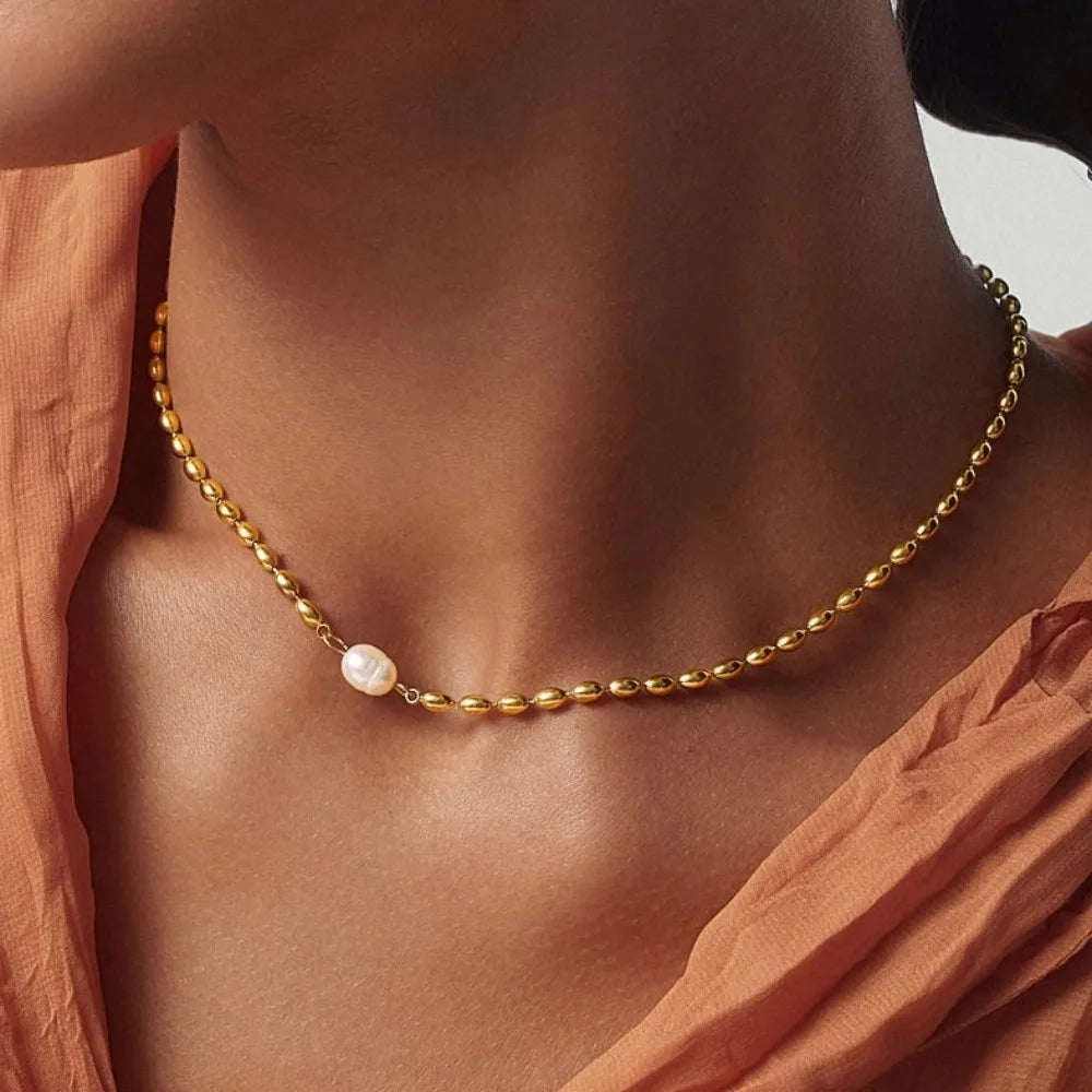 Statement Natural Pearl Charm Beaded Stainless Steel Necklace for Women Gold Color Collarbone Chain Minimalist Jewelry Set