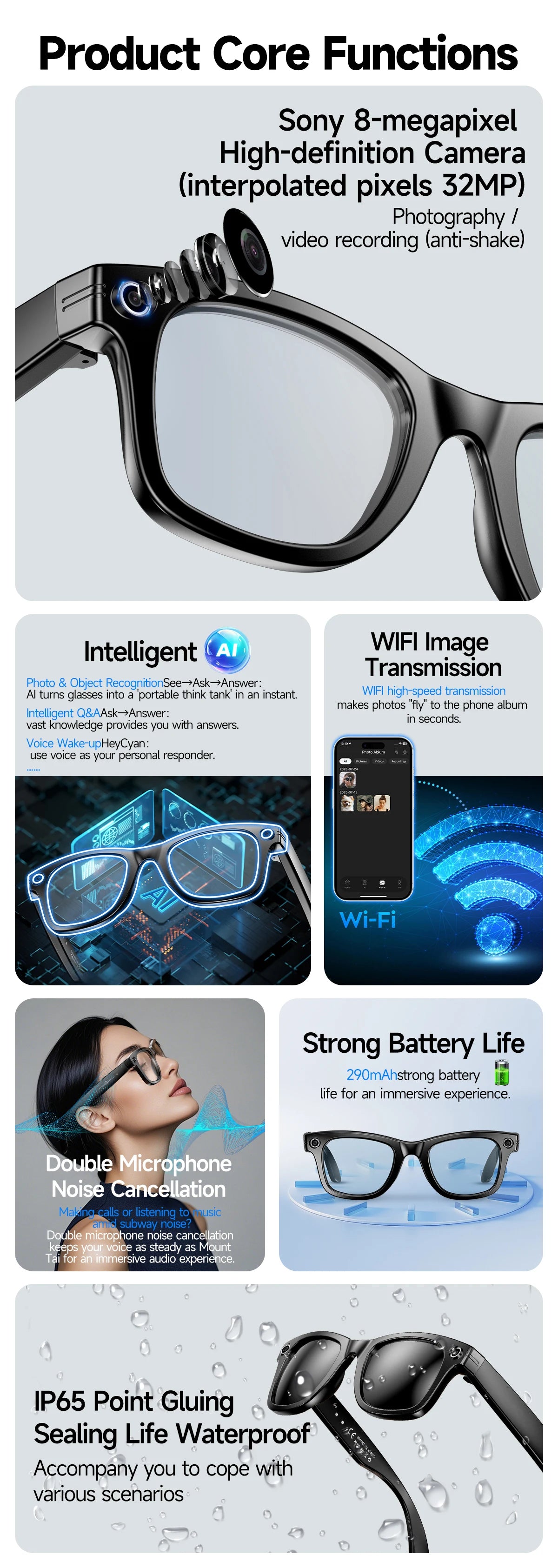 2026 Smart Glasses 8MP Camera WiFi Bluetooth Touch Control IP65 Waterproof AI Translation Noise Cancelling AI Glasses Women